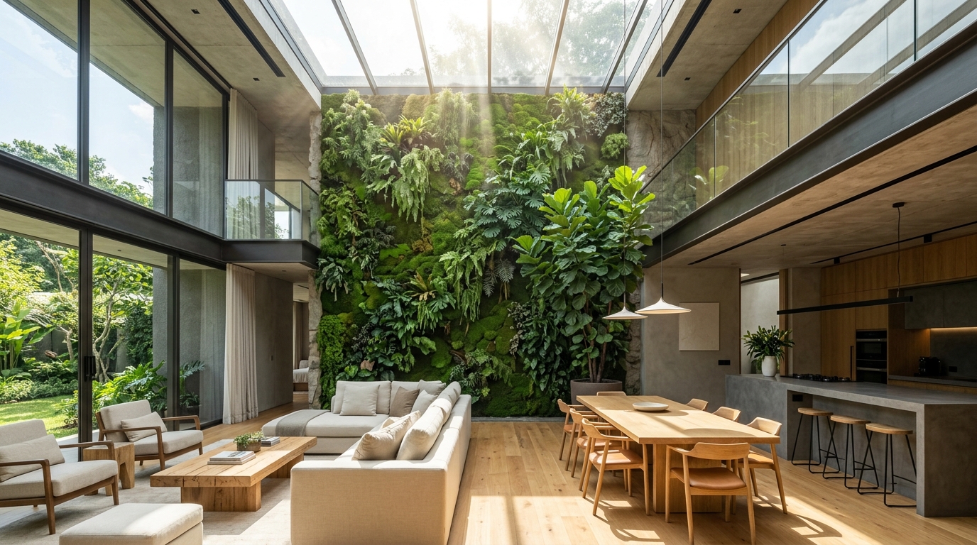 Modern Biophilic Living Space with Vertical Living Wall