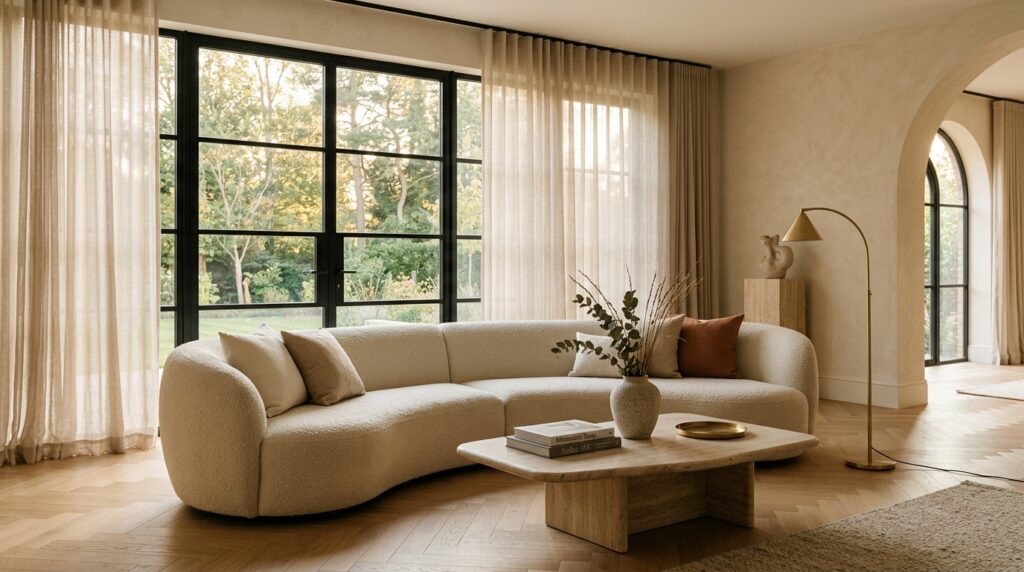 The Art of Warm Minimalism: Sculpting Serenity in Contemporary Interior Design Curved bouclé sofa and travertine coffee table in warm minimalist living room